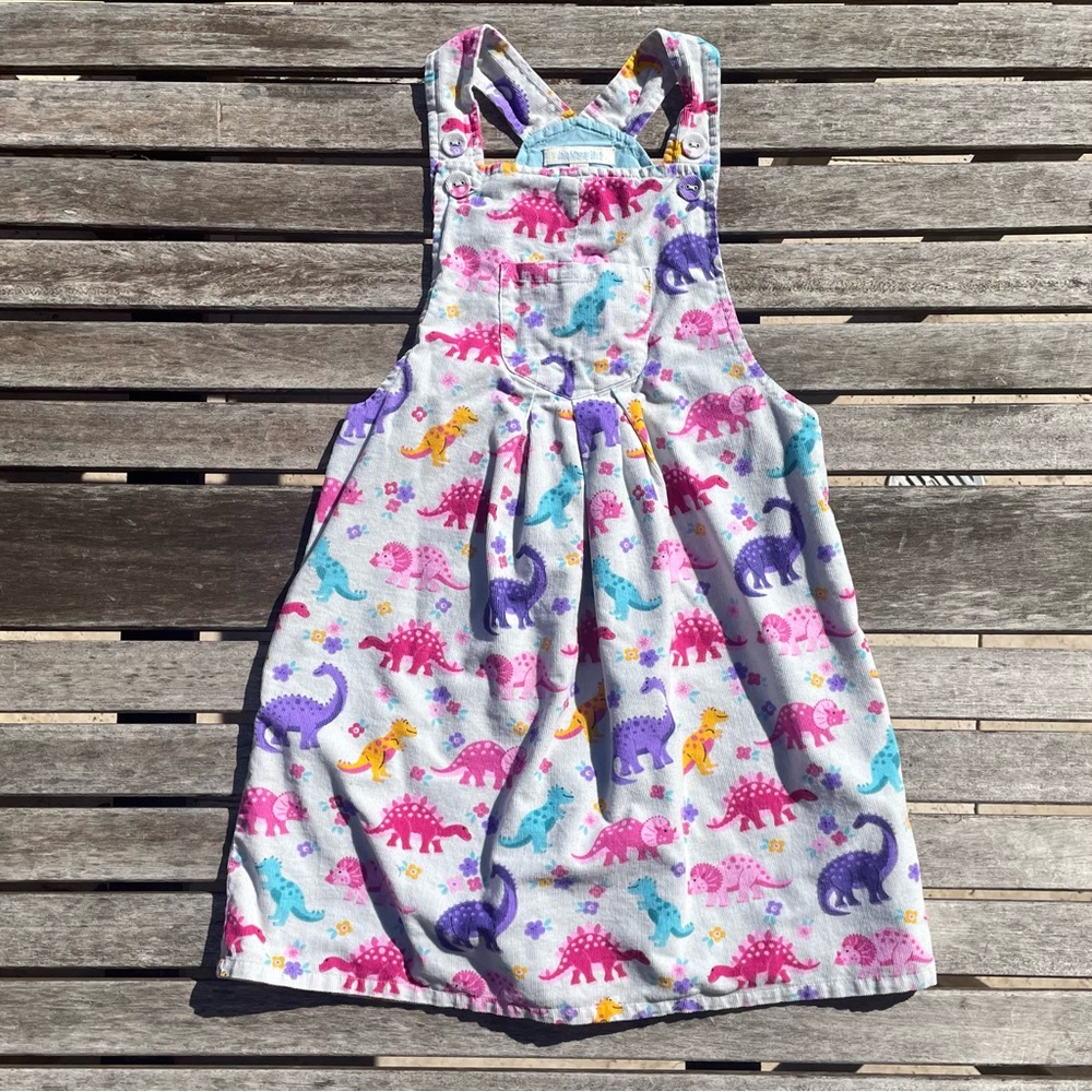 5-6 JoJo Maman Bébé Dinosaur Micro Corduroy Velvet Bib Jumper Dress Pinnie